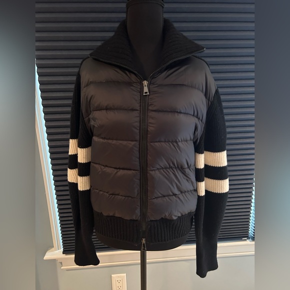 Moncler Women’s Black knitted cardigan with black and white sleeves. - Picture 1 of 7